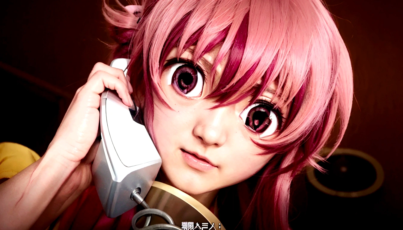 Anime girl with pink hair talking on cell phone., Mirai Nikki, Chica anime llamada Gasai Yuno, normal pink eyes, Gasai Yuno, closeup of another iwakura, Gasai Yuno, Gasai Yuno, she has a nice expressive face, Gasai Yuno, screenshot from a 2012 anime, in the anime movie, scene!!, Shocking