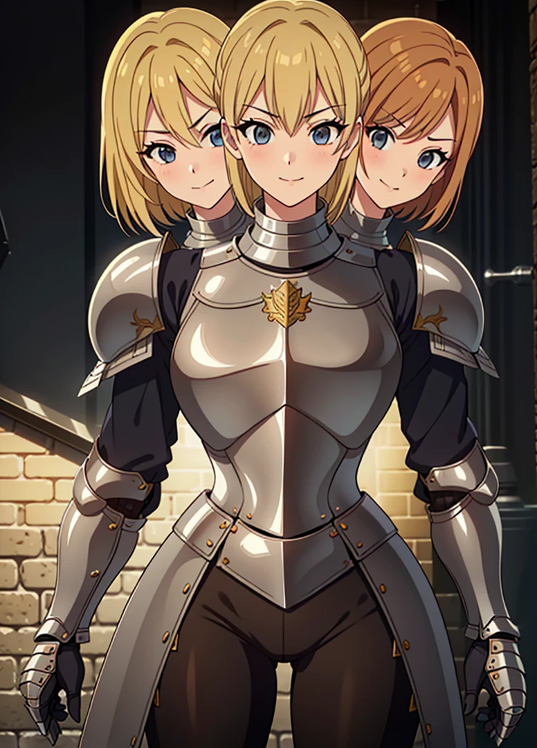 (masterpiece),(ultra-detailed), (high quality), (high resolution), (best quality:1.5, highres, UHD), highres, absurdo, ultra detail, ultra quality, (3heads:1.5), 1girl, ((golden blonde hair)), thighs, (gray armor), female warrior, (fully armored), medium hair, (medieval outfit), (black eyes), armored chest piece, gorgeous female knight, Guild Clothes with Armor, Fantasyart:1.5, (1 Female Knight:1.5), Detailed and detailed depiction armor, (seductive smirk), detailed eyes