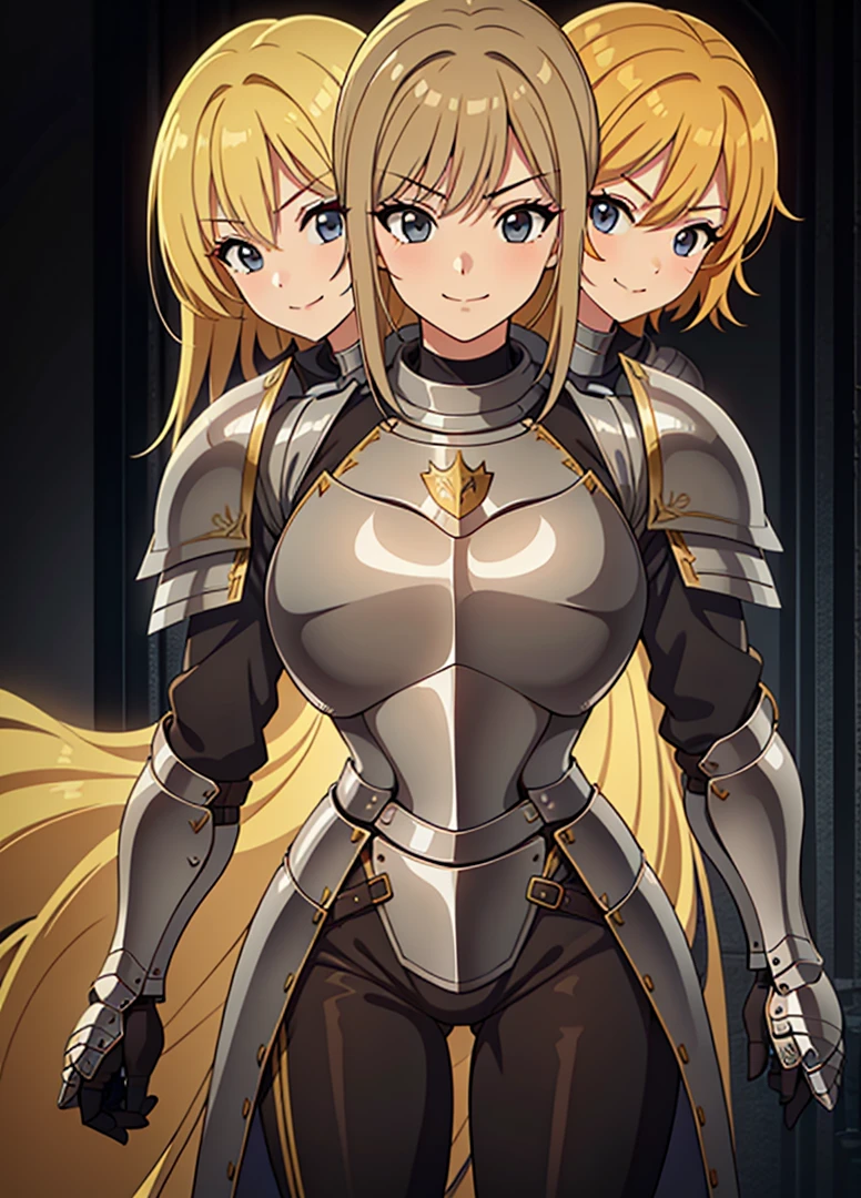 (masterpiece),(ultra-detailed), (high quality), (high resolution), (best quality:1.5, highres, UHD), highres, absurdo, ultra detail, ultra quality, (3heads:1.5), 1girl, ((golden blonde hair)), thighs, (gray armor), female warrior, (fully armored), medium hair, (medieval outfit), (black eyes), armored chest piece, gorgeous female knight, Guild Clothes with Armor, Fantasyart:1.5, (1 Female Knight:1.5), Detailed and detailed depiction armor, (seductive smirk), detailed eyes