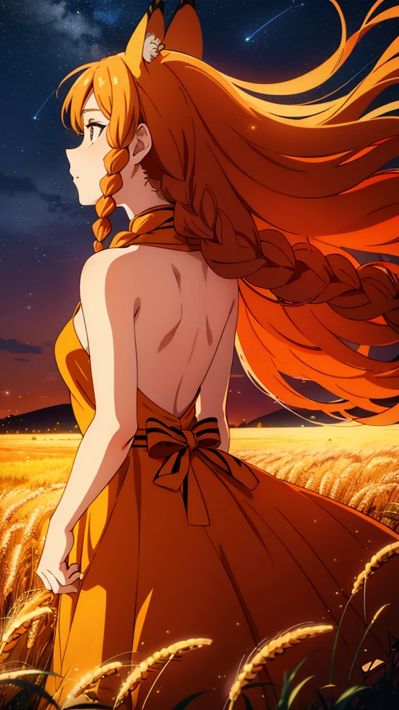 1girl,20 years old,mature female,tiger ears,long hair,(twin braids),orange hair,(white background,line drawing), (looking up at the sky),night, Vast sky, beautiful skyline, fireflies, fantasy,night scenery, (behind/back view), wheat field, close up
