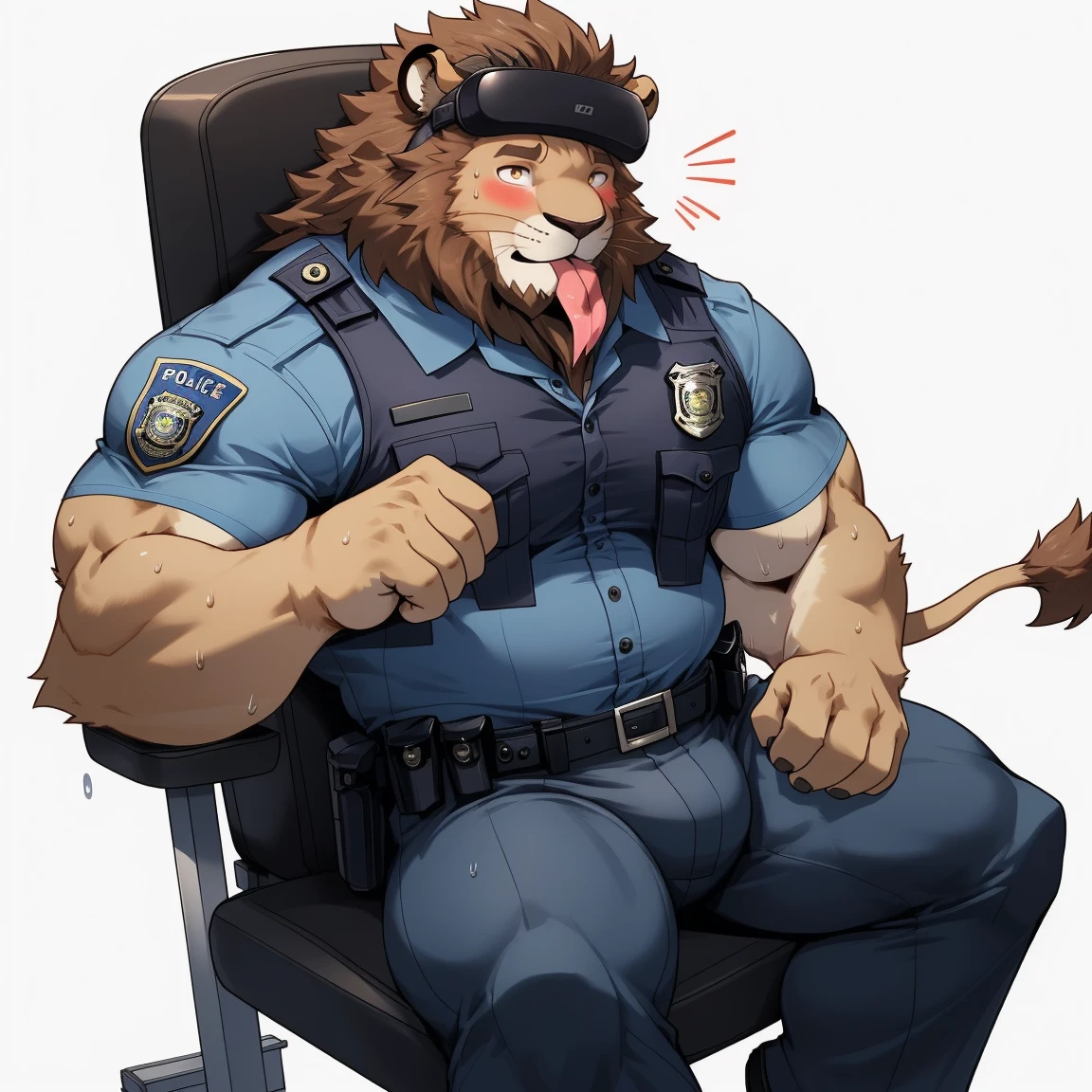 masterpiece, best quality, 8k resolution, Very detailed, hairy，(((lion))，(((Mature)))，(((beard))),(((Strong)))，(((portrait)))，(((police office)))，For the audience，(((Police Uniform))),(((sit on the chair)))，(((Tongue out)))，Highest quality scene，Solitary，solitary，(((whole body)))，(((Shameful)))，(((Blushing)))，((( Wearing a VR headset))),(((Legs apart)))，(((Sweat)))，((Fat-enclosed muscle))，(((Round face)))，(((alone)))，(((Strong body)))，(((Hip bulge)))，