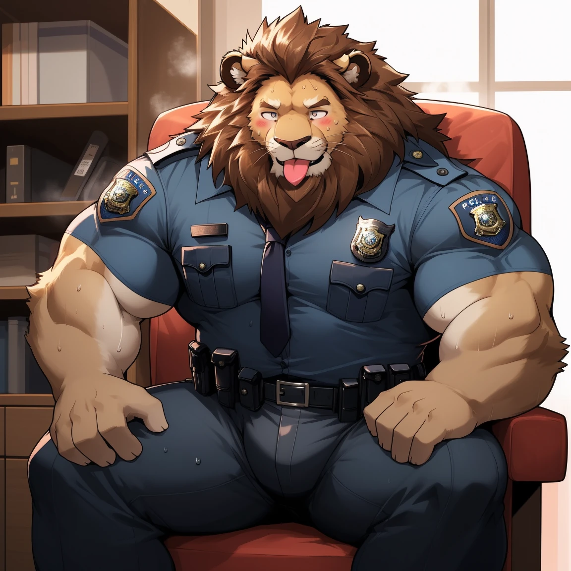 masterpiece, best quality, 8k resolution, Very detailed, hairy,(((lion)),(((Mature))),(((beard))),(((Strong))),(((portrait))),(((police office))),For the audience,(((Police Uniform))),(((sit on the chair))),(((Tongue out))),Highest quality scene,Solitary,solitary,(((whole body))),(((Shameful))),(((Blushing))),((( Wearing a VR headset))),(((Legs apart))),(((Sweat))),((Fat-enclosed muscle)),(((Round face))),(((alone))),(((Strong body))),(((Hip bulge))),