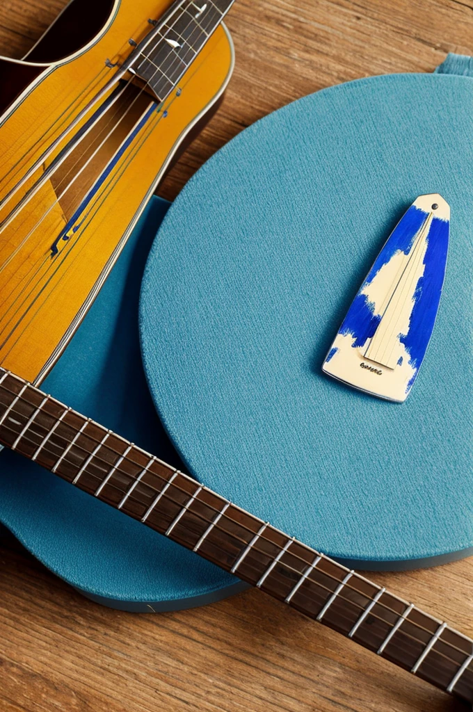 A guitar, a small blue necklace, a brush and a photograph