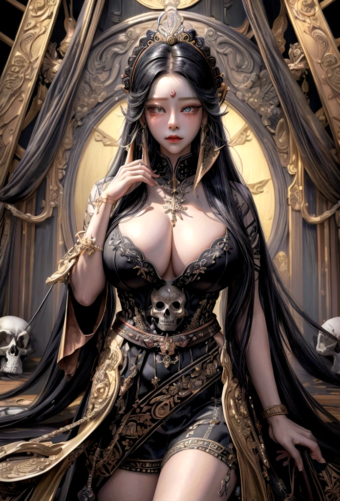 (((Masterpiece+Highest quality+high resolution+very detailed))), Boa Hancock, long, flowing black hair, high nose, sharp eyes, A noble and inviolable character., alone, (([woman]: 1.2 + [beauty]: 1.2 + ผมlongสีดำ: 1.2)), skull_Snake Background, Bright eyes, Dynamic angles and gestures, Wallpaper, ((naturally large breasts:1.3)), ((sexy)), outdoor, pirate ship.
