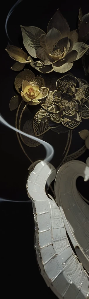 (masterpiece, best quality, 8k, sharp focus, depth of field, best shadows, perfect lights, HDR, (ultra-detailed background, detailed), (((Buddhist art))), ( black background), only lotus and smoke in picture