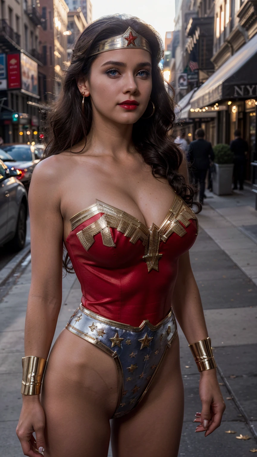 Masterpiece, Best quality, (Solo), (1girl), (close portrait), (photorealistic1.4), (epiCRealLife:1.0), (show large breasts), (show cleavage)),, (European model), (young woman), (JenniferConnelly90). (Wonderwoman768 costume ), (lynda-carter-ww-costume), (black hair), (blue eyes), (bodysuit),, (Wonderwoman768 tiara), ((armored bands), (red lipstick), (photoshoot), (spotlight), (daylight), (daytime), (light smile), (flash photography), (on New York Street), (earring), (tiera),