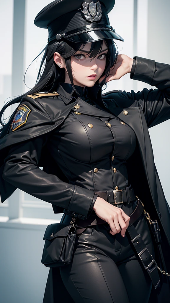 1 girl, solo, arafed women in a black uniform and a black hat, a black dieselpunk policewoman, in black military uniform, detective coat, officer, black greatcoat, police uniform, in black uniform, black armored uniform, dark coat, full uniform, inspired by Horace Vernet, officers uniform, he is wearing a black trenchcoat, dressed in black body armour, 4k res, ultra detailed, face detailed