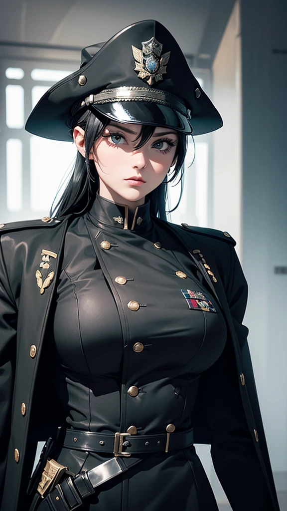 1 girl, solo, arafed women in a black uniform and a black hat, a black dieselpunk policewoman, in black military uniform, detective coat, officer, black greatcoat, police uniform, in black uniform, black armored uniform, dark coat, full uniform, inspired by Horace Vernet, officers uniform, he is wearing a black trenchcoat, dressed in black body armour, 4k res, ultra detailed, face detailed