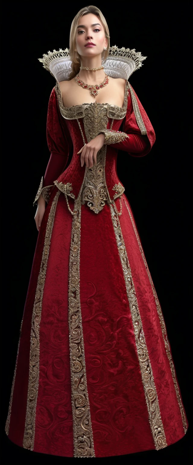 a woman in a red dress, lady in red armor, rendering of mirabel madrigal, ornate dark red opulent clothing, wearing a noblewoman's outfit, imperial royal elegant clothes, ornate royal robes, bold crimson ornate robes, medieval high fashion, like an elegant noblewoman, ornate robes, very detailed and rich clothing, ornate dress