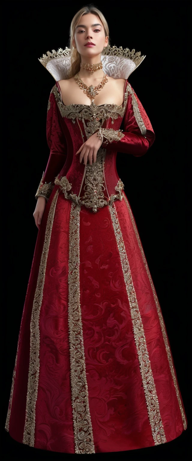 a woman in a red dress, lady in red armor, rendering of mirabel madrigal, ornate dark red opulent clothing, wearing a noblewoman's outfit, imperial royal elegant clothes, ornate royal robes, bold crimson ornate robes, medieval high fashion, like an elegant noblewoman, ornate robes, very detailed and rich clothing, ornate dress