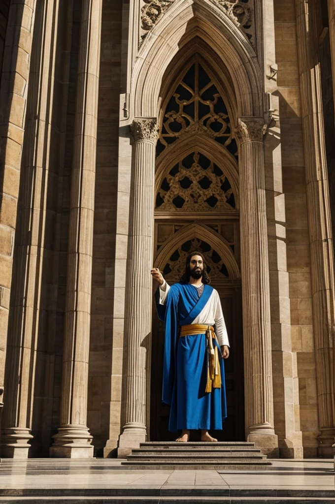 ((best quality)), ((masterpiece)), (detailed), Jesus dressed in a robe reaching down to his feet,with a blue shoulder sash.with short black hair.standing in front of u.n. building and knocking on the glass of the building.