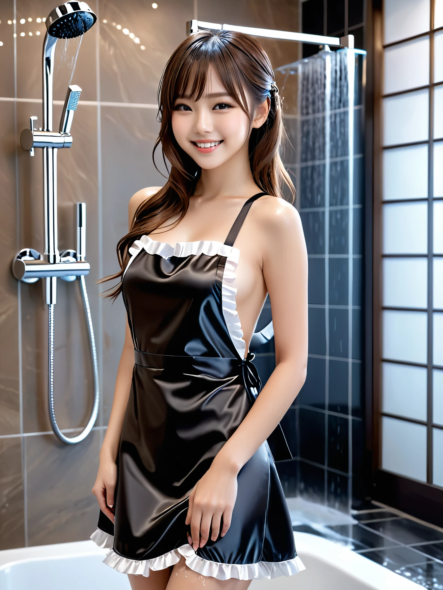 product quality, 1girl, full body shot, front view, a Japanese young pretty girl, shoulder length hair, wearing only a silky satin black apron with white frills over her naked body with a big smile, taking a shower in a luxury shower room, glamorous figure, wet hair, wet body, busty, hyper cute face, glossy lips, double eyelids in both eyes, natural makeup, long eyelashes, shiny smooth light brown hair, asymmetrical bangs, fair skin, central image, high resolution, high detail, detailed hairstyle, detailed face, cinematic lighting, octane rendering, vibrant, hyper realistic, perfect limbs, perfect anatomy