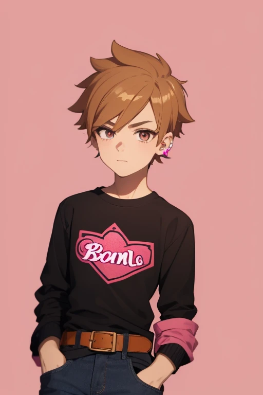 Gumball Handsome 18 year old boy with blonde brown hair, with a pink streak, light skin, pierced ears, honey brown eyes, open pink sweatshirt, black shirt with a candy castle print, black belt, red jeans, looking directly at the viewer on a white background.