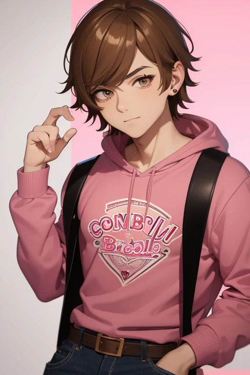 Gumball Handsome 18 year old boy with blonde brown hair, with a pink streak, light skin, pierced ears, honey brown eyes, open pink sweatshirt, black shirt with a candy castle print, black belt, red jeans, looking directly at the viewer on a white background.