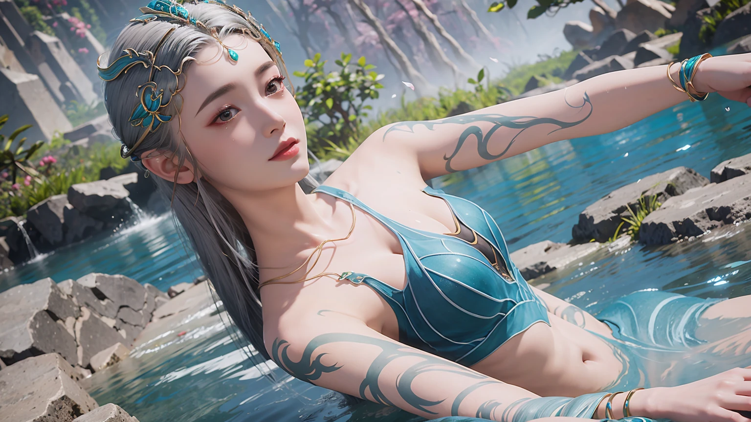 There was a woman，Gray hair，No clothes, Unreal Engine Rendering + goddess, Queen of the Sea Mu Yanling, fantasy style 8 k octane render, Meticulous rendering, 4K detail fantasy, closeup fantasy with water magic, 8K portrait rendering, Beautiful fantasy queen, realistic fantasy rendering, 3D Rendering Character Art 8k，Bathe in hot springs，Hands touching water，cyan nails，Hot spring mist，Fluttering petals，Girl bathing with exposed shoulders and arms