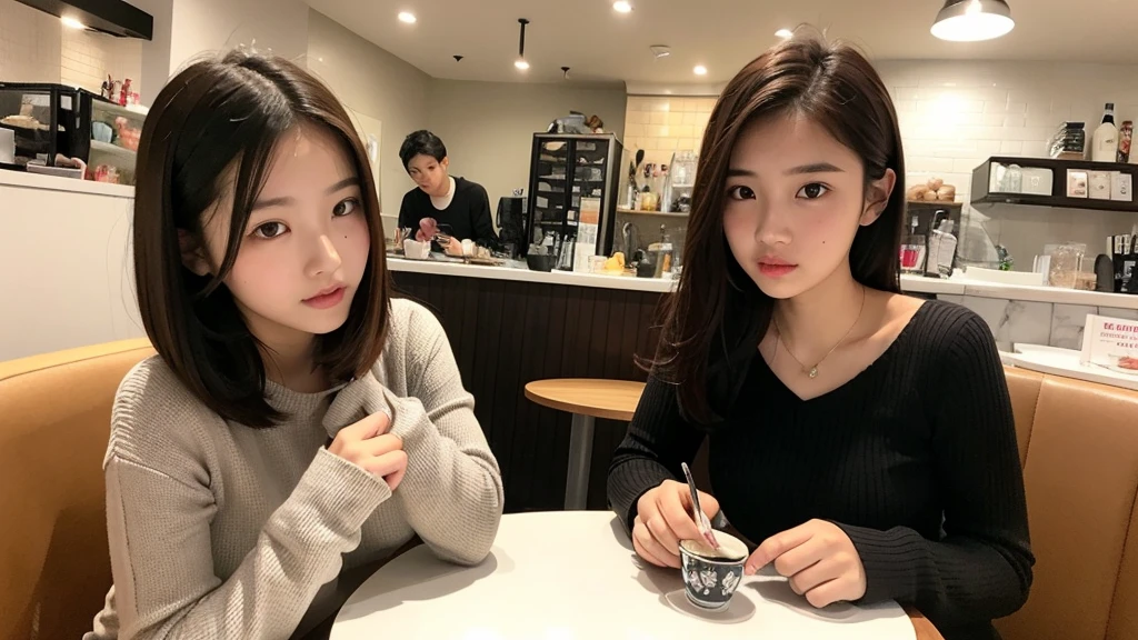 Indonesian girl 19-year-old Hairstyle Casual, F Cup Breasts wearing crewneck dress at cafe and chatting with her sister