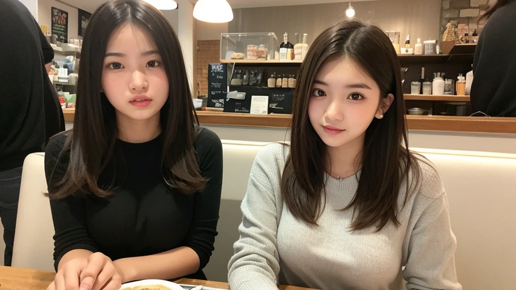 Indonesian girl 19-year-old Hairstyle Casual, F Cup Breasts wearing crewneck dress at cafe and chatting with her sister