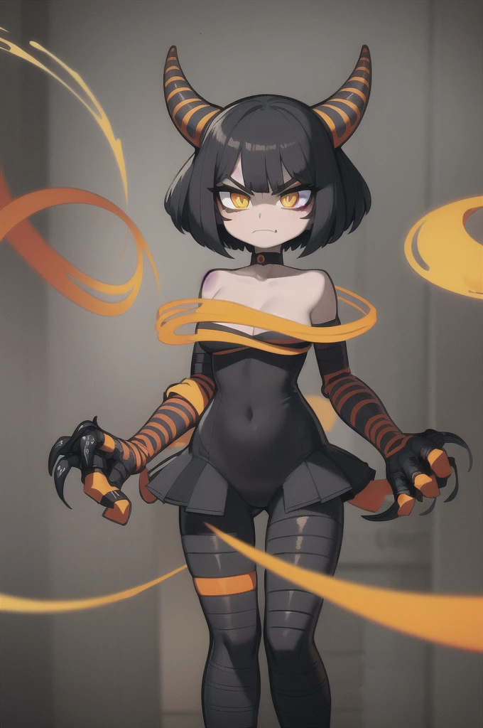 Original Character, Volumetric Lighting, Best Shadows, Shallow Depth of Field, (finely best quality illustration:1.1), (1girl, solo:1.1), (black short hair:1.1), (masterpiece, ultra high quality), (standing), (full body visible), (1girl), (solo), (female focus), (Singular, large horn), (monster girl), (Messy bob-cut with sharp bangs), ((bangs covering eyes)), (big eyebrows), (angry eyes), (long tailbone in rear) (Cute anime snake eyes), (limbless female body) Coral Snake Beastman, black eyes, orange scleras, Black hair, Furry, (1 girl), (angry eyes), (harness with mechanical limbs), (amputee body)