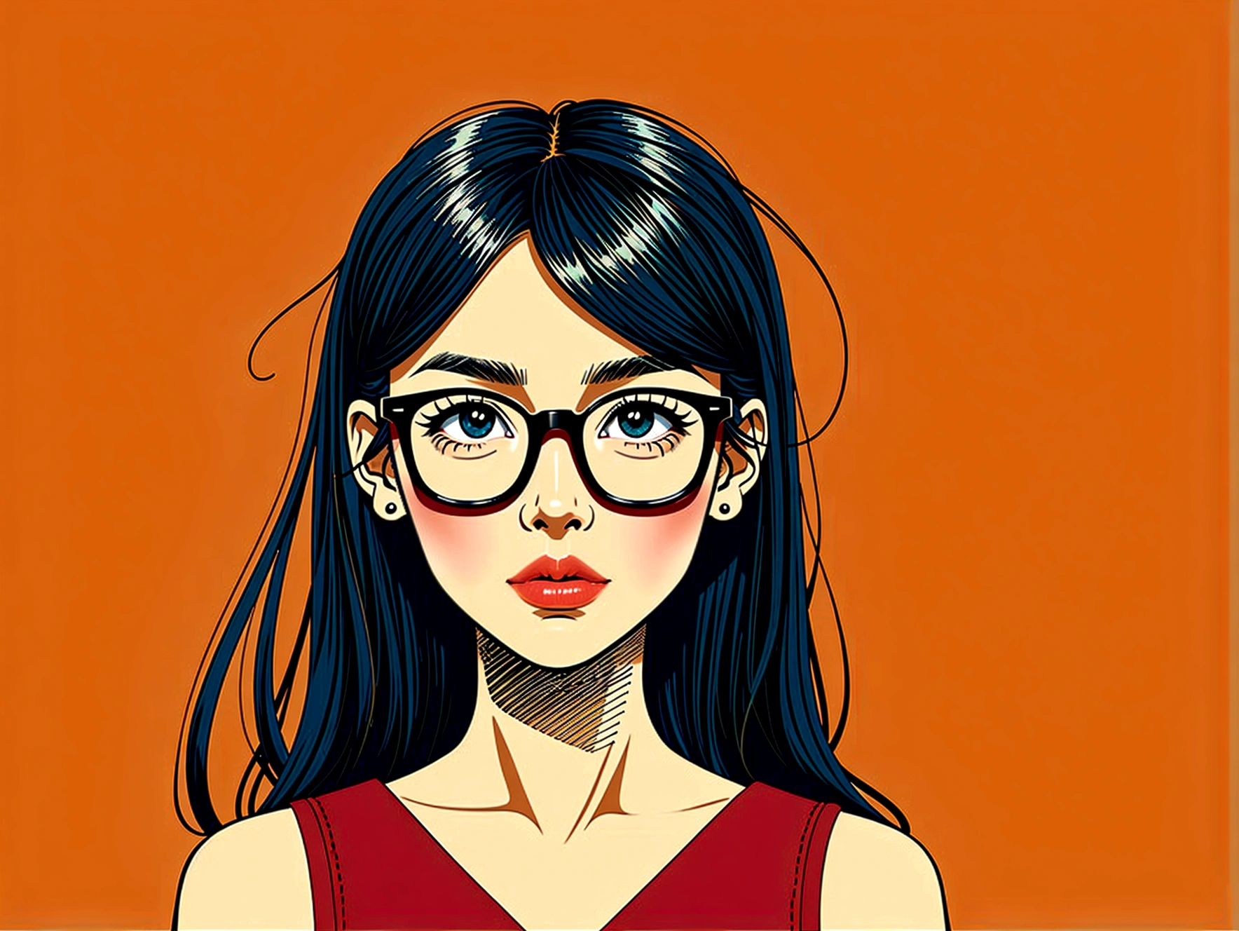 (masterpiece, Highest quality:1.2), Hand-drawn cartoon, One girl, alone, Wearing glasses, Rouge, Messy Hair, The color palette is red, Sketchy style in orange and black tones. The background must have a simple hand-drawn doodle pattern, 1shxx1