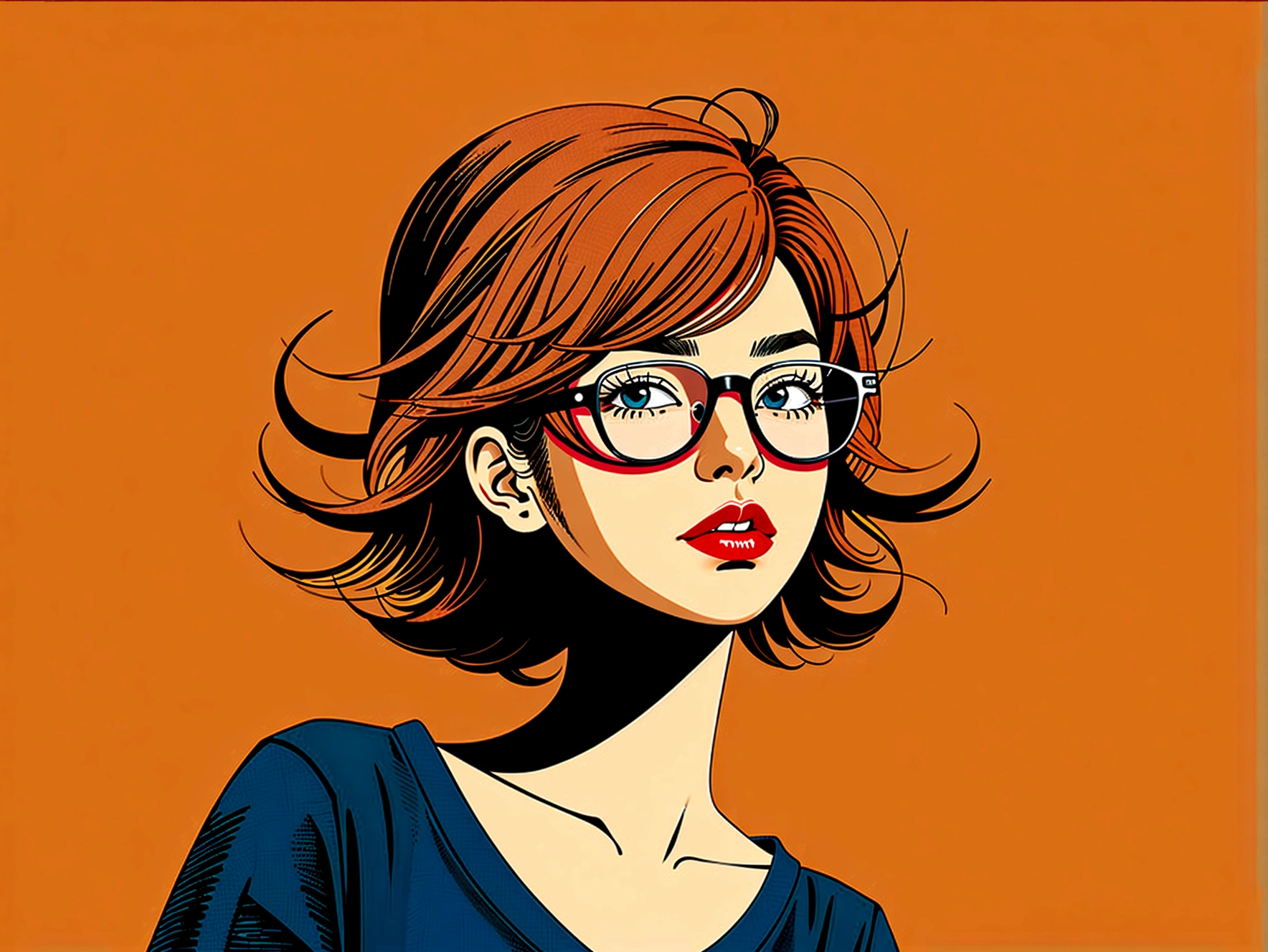 (masterpiece, Highest quality:1.2), Hand-drawn cartoon, One girl, alone, Wearing glasses, Rouge, Messy Hair, The color palette is red, Sketchy style in orange and black tones. The background must have a simple hand-drawn doodle pattern, 1shxx1