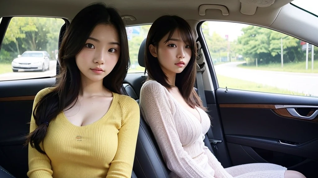  girl 19-year-old Hairstyle fashion  Casual, F Cup Breasts wearing off shoulder collarbone with random girl accessories car and driving the car with her friend