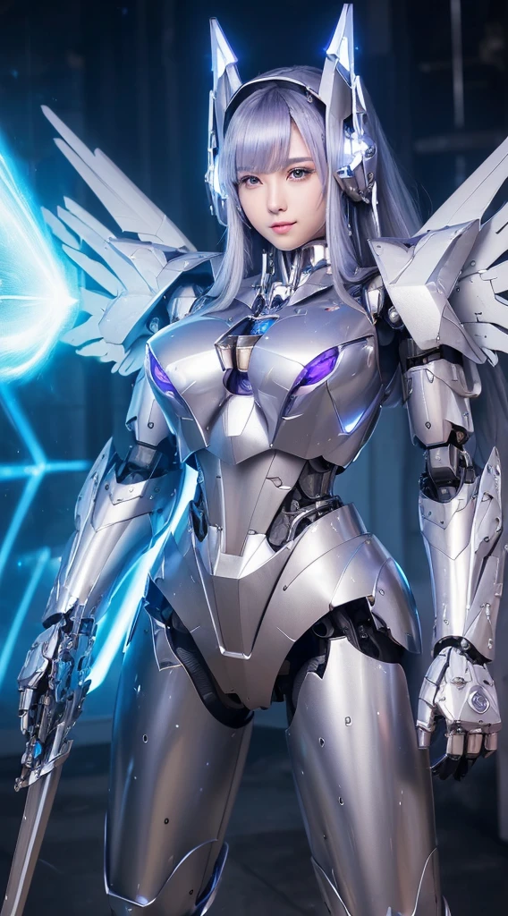 ((Intense action pose:1.6))、((Shining lenses on both breasts:1.3))、((Blue pillars of light are emanating from both chests.:1.3))、smile、((8K)), ((32k)), ((Highest quality)), ((masterpiece)), ((超A high resolution)), ((Tmasterpiece)), ((Halation:1.4))、((Mechaニカルheadgear:1.2))、((Cyber headphones:1.3))、Fine skin, High quality fabric, Fine metal texture、((Beautiful and dense face))、RAW Photos、Professional, Ultra-fine painting, ((alone)), Beautiful breasts、Highest quality, Very detailed, Very detailed詳細, Finer details, so beautiful, ((Princess Knight Robot:1.2)),  (Joints of machines, Mechanical Limbs:1.3), (The internal structure of the machine is exposed:1.3), (Long silver hair:1.1), (Beautiful and huge mechanical breasts)、White Veil, cowboy_shot, Side Focus, headgear, Shiny、(Five Fingers, Four fingers and thumb),Concept Art, Anime fantasy artwork, Detailed fantasy art, (with pale blue-violet hair and large white wings,,,,,,,), (((Long silver hair))), (Mecha:1.6)、Sleek and intimidating design, ((Commander-in-Chief&#39;arm)), (Perfect robot body)、純白と青紫armまたは, Symmetrical wings, 8K high quality, detailed art, 3D rendering of character art in 8K, neat legs, Defined, Defined fingers,