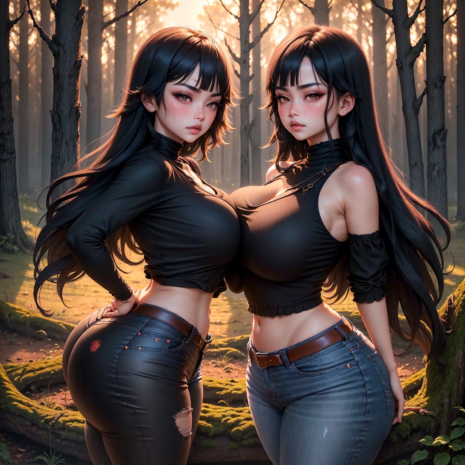 ((masterpiece,intricate details)),realistic, photorealistic, sunset, perfect lighting, golden hour, blood orange sky, Young, girl, masterpiece, perfect lighting, ************, asian, cute, beautiful, black hair, goth, tight shirt, jeans, shorstack, gigantic tits, gigantic butt, fully clothed, modestly dressed, wolfcut, messy hair, huge lips, innocent, blushing, in woods, night background, forest background,
