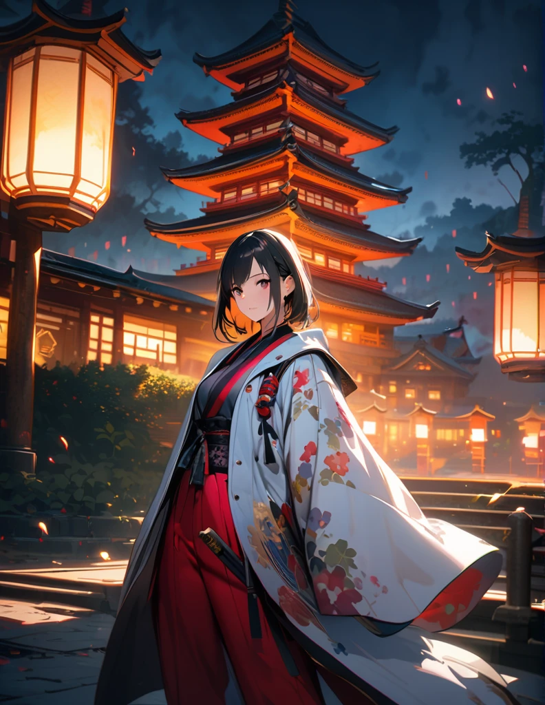 quality(8k wallpaper of extremely detailed CG unit, ​masterpiece, hight resolution, top-quality, top-quality ,hyper realisitic, digitial painting,increase the resolution,RAW photos，best qualtiy,highly detailed,the wallpaper),BREAK,8K, night, dappled torch, samurai, pagoda, green lights 