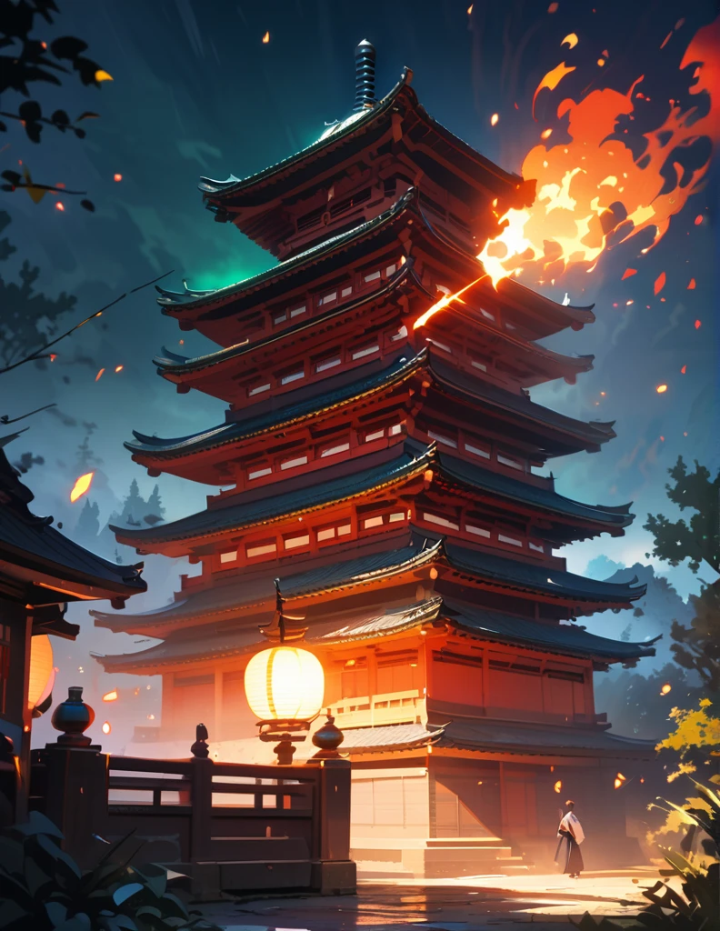 quality(8k wallpaper of extremely detailed CG unit, masterpiece, hight resolution, top-quality, top-quality ,hyper realisitic, digitial painting,increase the resolution,RAW photos,best qualtiy,highly detailed,the wallpaper),BREAK,8K, night, dappled torch, samurai, pagoda, green lights