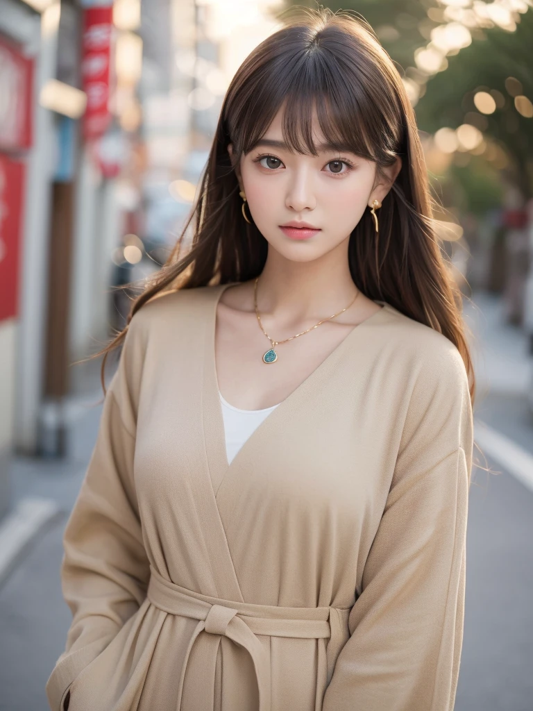 ((Highest quality, 8K, masterpiece:1.3)), concentrate: 1.2, Perfect body beauty: 1.4, Hips: 1.2, ((Long Hair, chest: 1.2)), (Dry clothes: 1.1) , (clear, Simple Background:1.3), Simple clothes: 1.1, Highly detailed face and skin texture,Delicate eyes, double eyelid, Whitened skin, Rough skin、Long Hair、Earrings with bangs、necklace、 solo、Beige coat、White shirt, (((Beautiful girl with cute Japan)))、 ((Beautiful Japanese girl 20 years old))、 ((Baby Face))、 (((Slender body)))、 Upper Body,Face focus、necklace,Simple Background,From above, Realistic Hair、 A photograph was taken:Canon EOS R6、135mm、1/1250 seconds、f2.8、ISO400、(Detailed explanation of the hand)、(Masseter muscle area)、(Exquisite CG)、Long Hair, loose and curly hair、Korean Hair、Long Hair明るいベージュ色、グラデーションハイライトグレージュのゆるふわLong Hairスタイル、