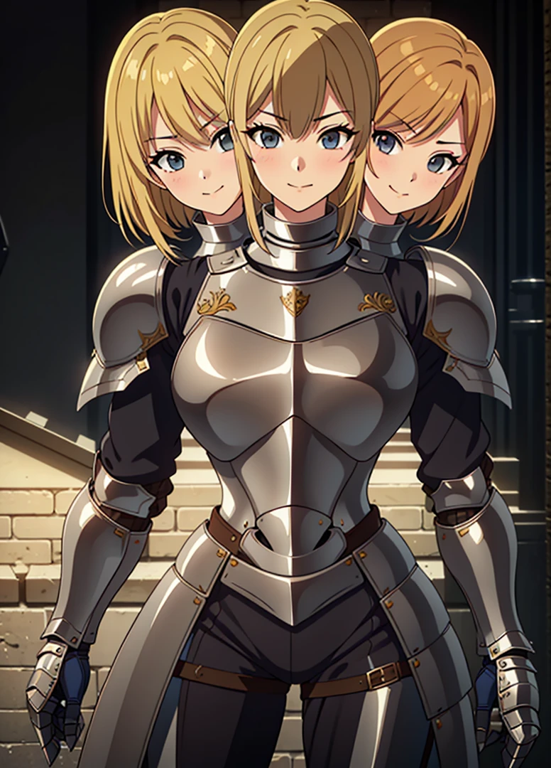 (masterpiece),(ultra-detailed), (high quality), (high resolution), (best quality:1.5, highres, UHD), highres, absurdo, ultra detail, ultra quality, (3heads:1.5), 1girl, ((golden blonde hair)), thighs, (gray armor), female warrior, (fully armored), medium hair, (medieval outfit), (black eyes), armored chest piece, gorgeous female knight, Guild Clothes with Armor, Fantasyart:1.5, (1 Female Knight:1.5), Detailed and detailed depiction armor, (seductive smirk), detailed eyes