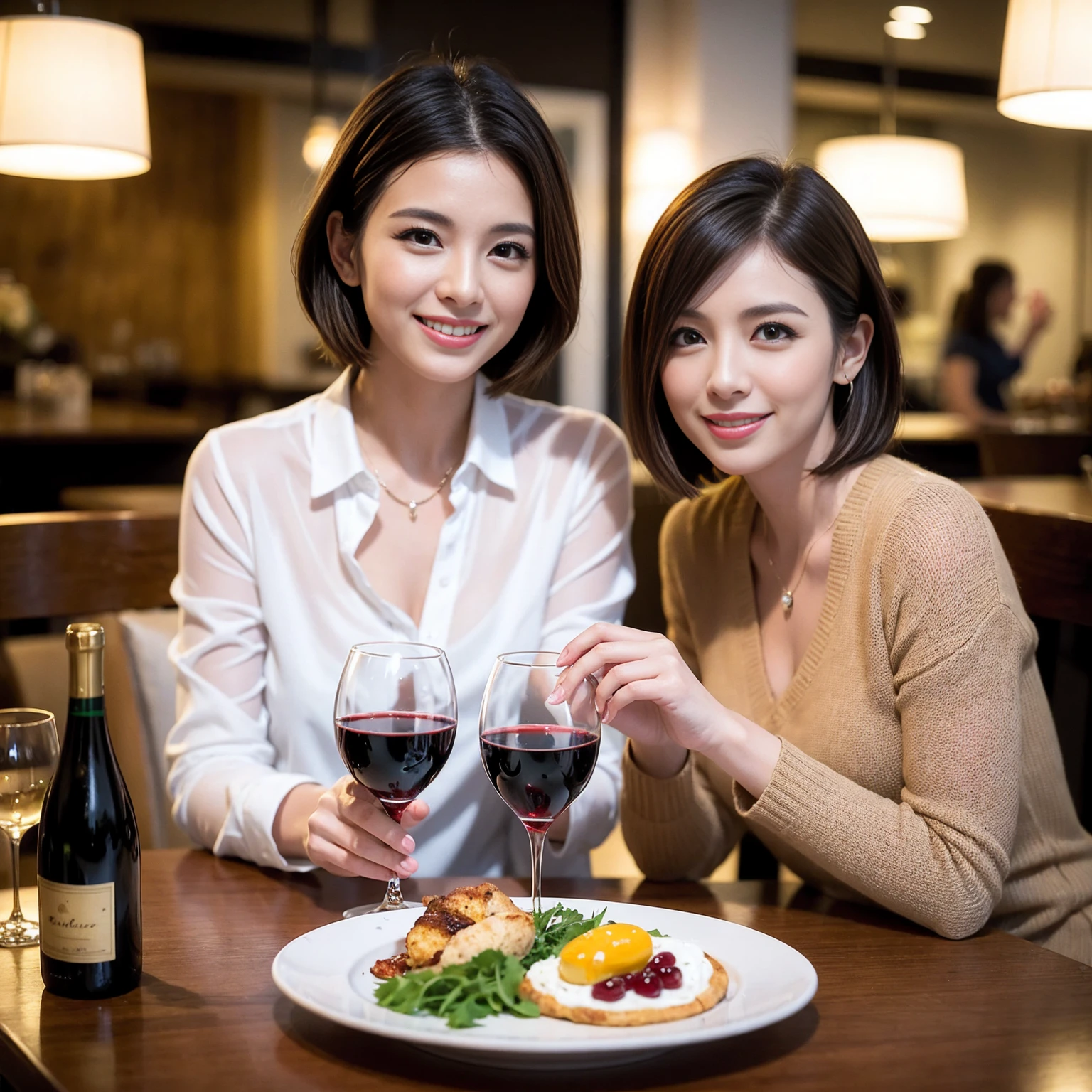 ((Highest quality、8K、masterpiece:1.3))、 (Ultra-realistic、 Genuine、Bright image、Intricate details:1.2), 最高のsmile、1 male 1 female、Wine Party、Beautiful couple、Love Love Love、Tokyo Lovers、Beautiful friends、actress couple、smile、Full-course dinner at a packed table、 (Slim face), (the body is slim), (Brown Hair), (short hair), テーブルのwine glass、Please shine a light on my face、 Amazing view of the sunset sky and clouds、42 years old 39 years old, red wine 、Appetizers、Wine bottle、sparkling wine、Long sleeve shirt、dress、White wine, red wine, wine glass, 