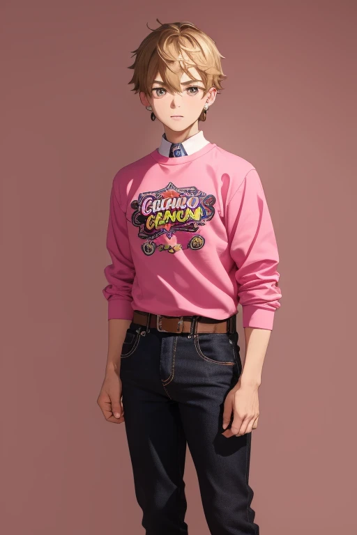 Gumball Handsome 18 year old boy with blonde brown hair, with a pink streak, light skin, pierced ears, honey brown eyes, open pink sweatshirt, black shirt with a candy castle print, black belt, red jeans, looking directly at the viewer on a white background.