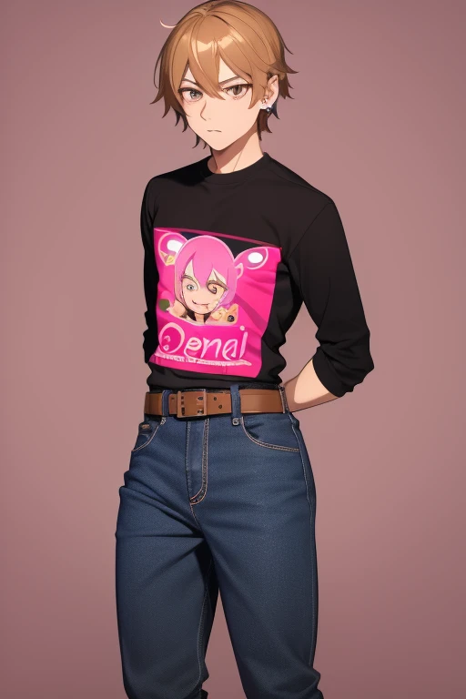 Gumball Handsome 18 year old boy with blonde brown hair, with a pink streak, light skin, pierced ears, honey brown eyes, open pink sweatshirt, black shirt with a candy castle print, black belt, red jeans, looking directly at the viewer on a white background.