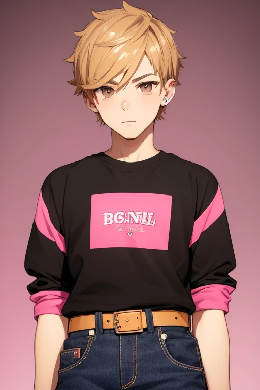 Gumball Handsome 18 year old boy with blonde brown hair, with a pink streak, light skin, pierced ears, honey brown eyes, open pink sweatshirt, black shirt with a candy castle print, black belt, red jeans, looking directly at the viewer on a white background.