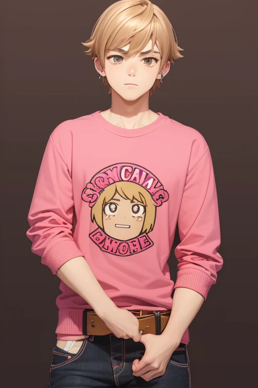 Gumball Handsome 18 year old boy with blonde brown hair, with a pink streak, light skin, pierced ears, honey brown eyes, open pink sweatshirt, black shirt with a candy castle print, black belt, red jeans, looking directly at the viewer on a white background.