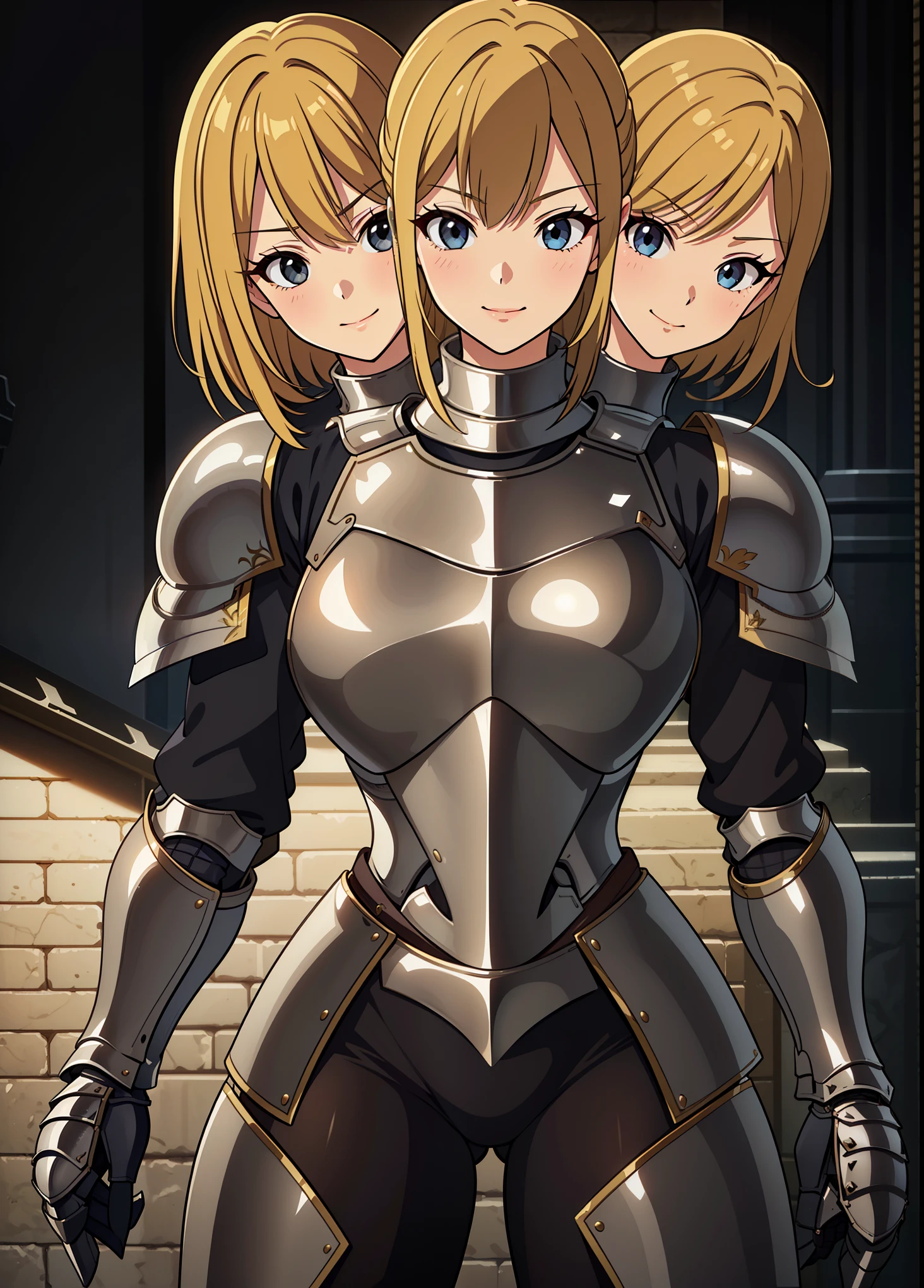 (masterpiece),(ultra-detailed), (high quality), (high resolution), (best quality:1.5, highres, UHD), highres, absurdo, ultra detail, ultra quality, (3heads:1.5), 1girl, ((golden blonde hair)), thighs, (gray armor), female warrior, (fully armored), medium hair, (medieval outfit), (black eyes), armored chest piece, gorgeous female knight, Guild Clothes with Armor, Fantasyart:1.5, (1 Female Knight:1.5), Detailed and detailed depiction armor, (seductive smirk), detailed eyes