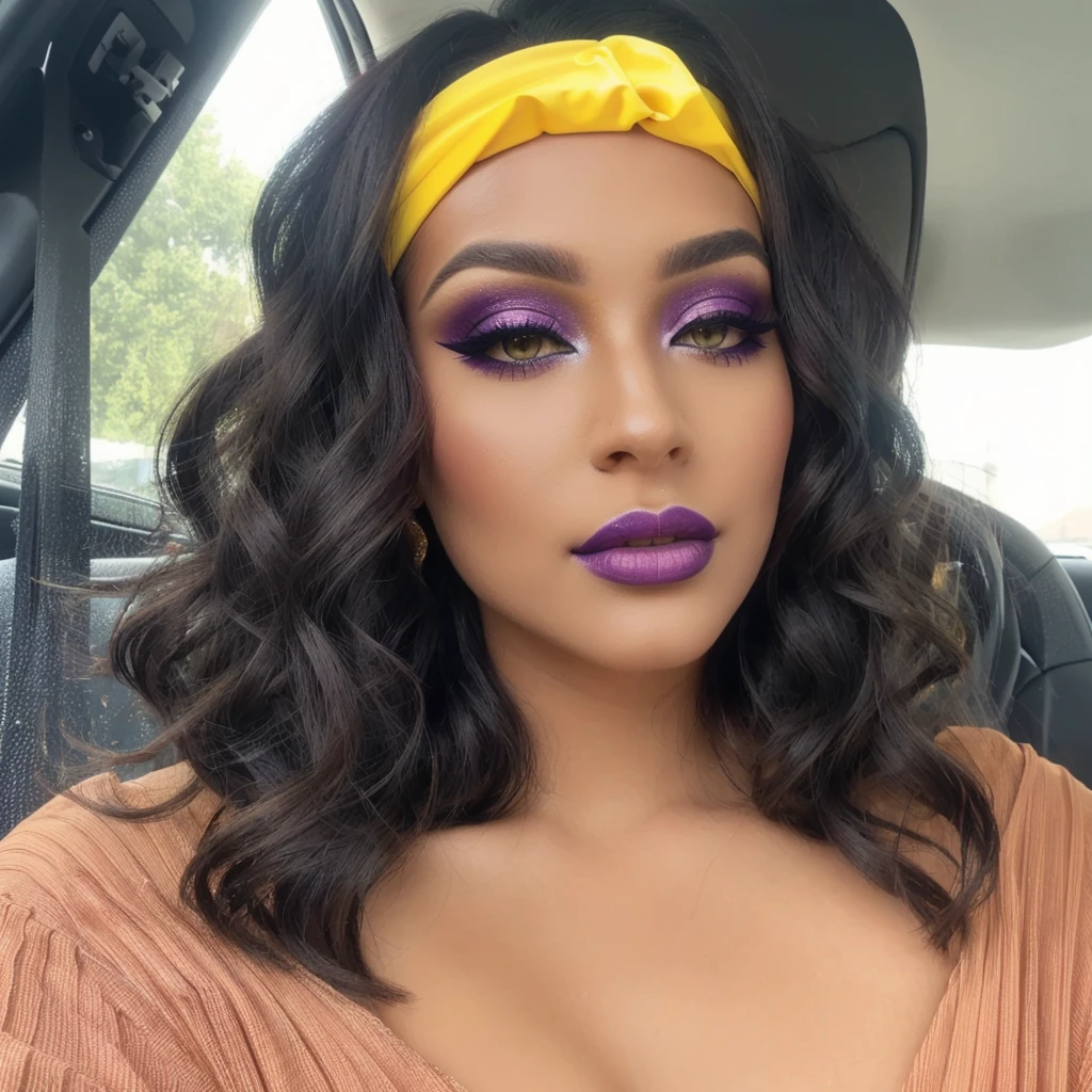a close up of a woman with a yellow headband and purple eyeshadow, with professional makeup, sultry look, sexy face with full makeup, yellow and purple tones, headshot profile picture, jaw dropping beauty, pop makeup style, with a dramatic looking, wavy hair yellow theme, sleek yellow eyes, jaw-dropping beauty, thick fancy makeup, traditional makeup, yellow makeup