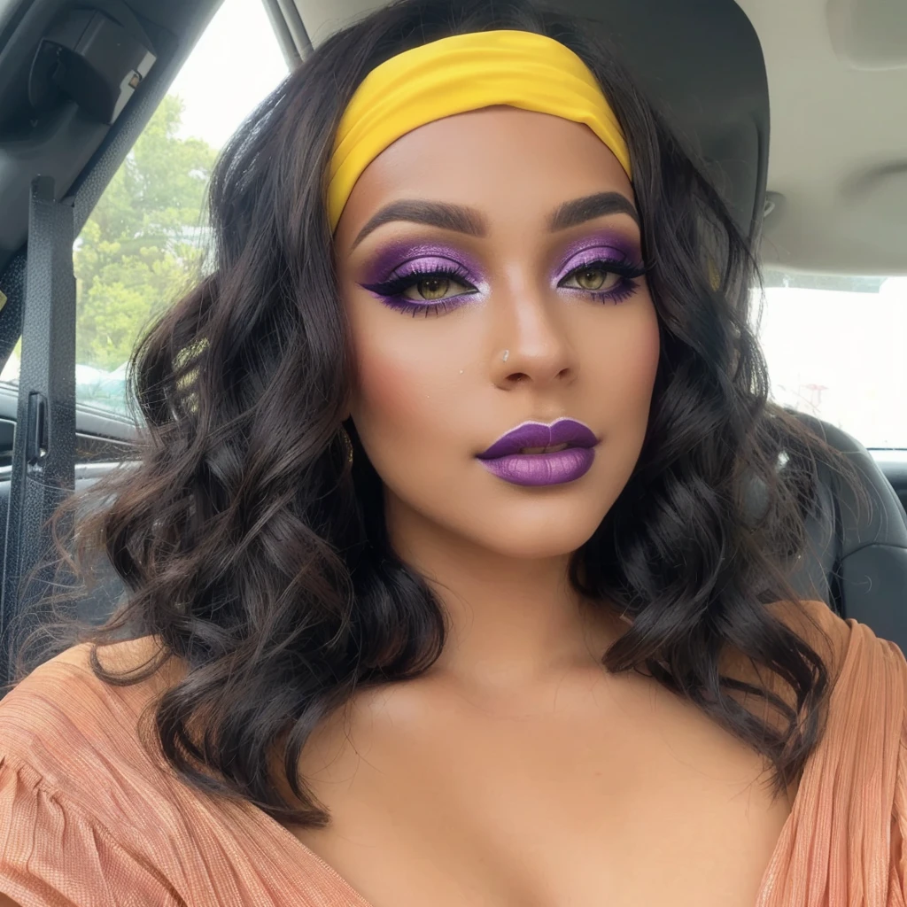 a close up of a woman with a yellow headband and purple eyeshadow, with professional makeup, sultry look, sexy face with full makeup, yellow and purple tones, headshot profile picture, jaw dropping beauty, pop makeup style, with a dramatic looking, wavy hair yellow theme, sleek yellow eyes, jaw-dropping beauty, thick fancy makeup, traditional makeup, yellow makeup