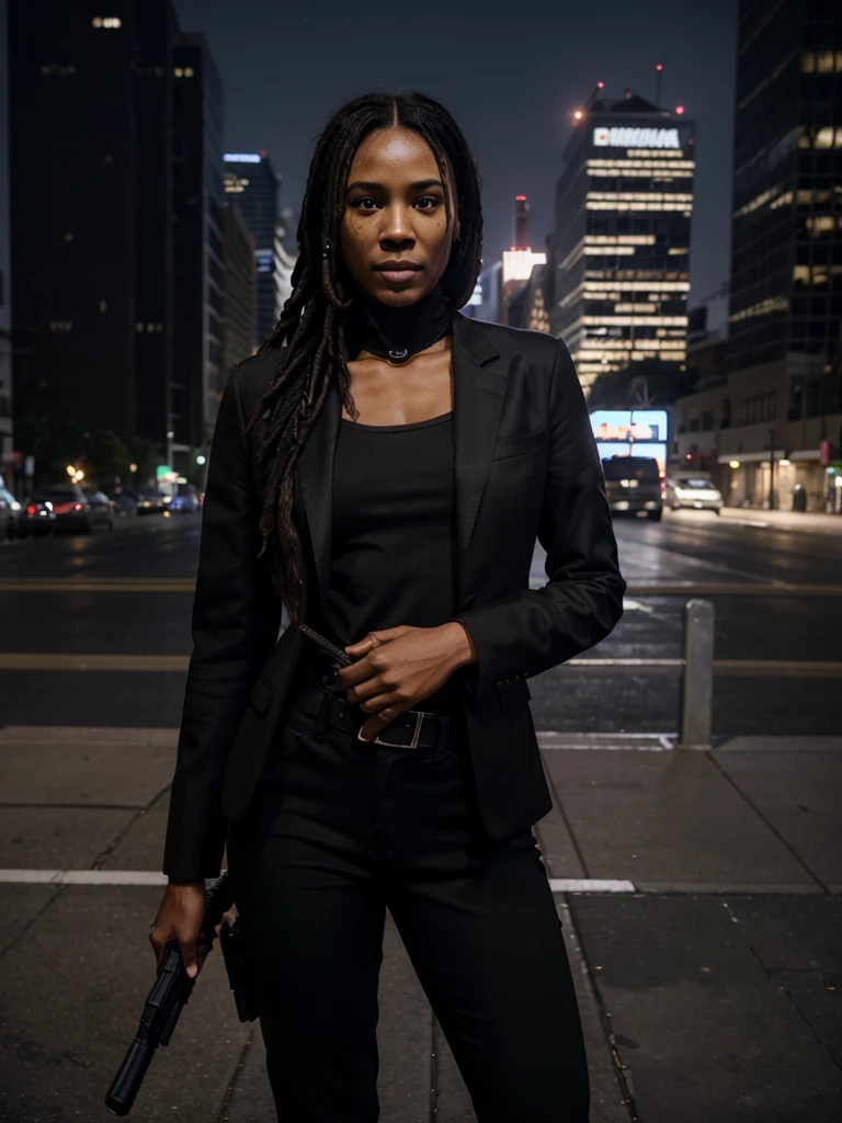 8k, RAW photo, best quality, ultra high resolution, photorealistic, realistic photo of skinny ebony girl john wick, (skinny ebony girl john wick, 20 years old, most beautiful ebony girl in the world, dark skin, black hair, dreadlocks hair, dreadlocks), in the city downtown, modern skyscrapers, bright moonlight, (full body picture), (photo from the side), standing posing for picture, holding a gun, gun, wearing (john wick costume), (looking at viewer), shy smile, seductive, High Detail, Sharp focus, bright light