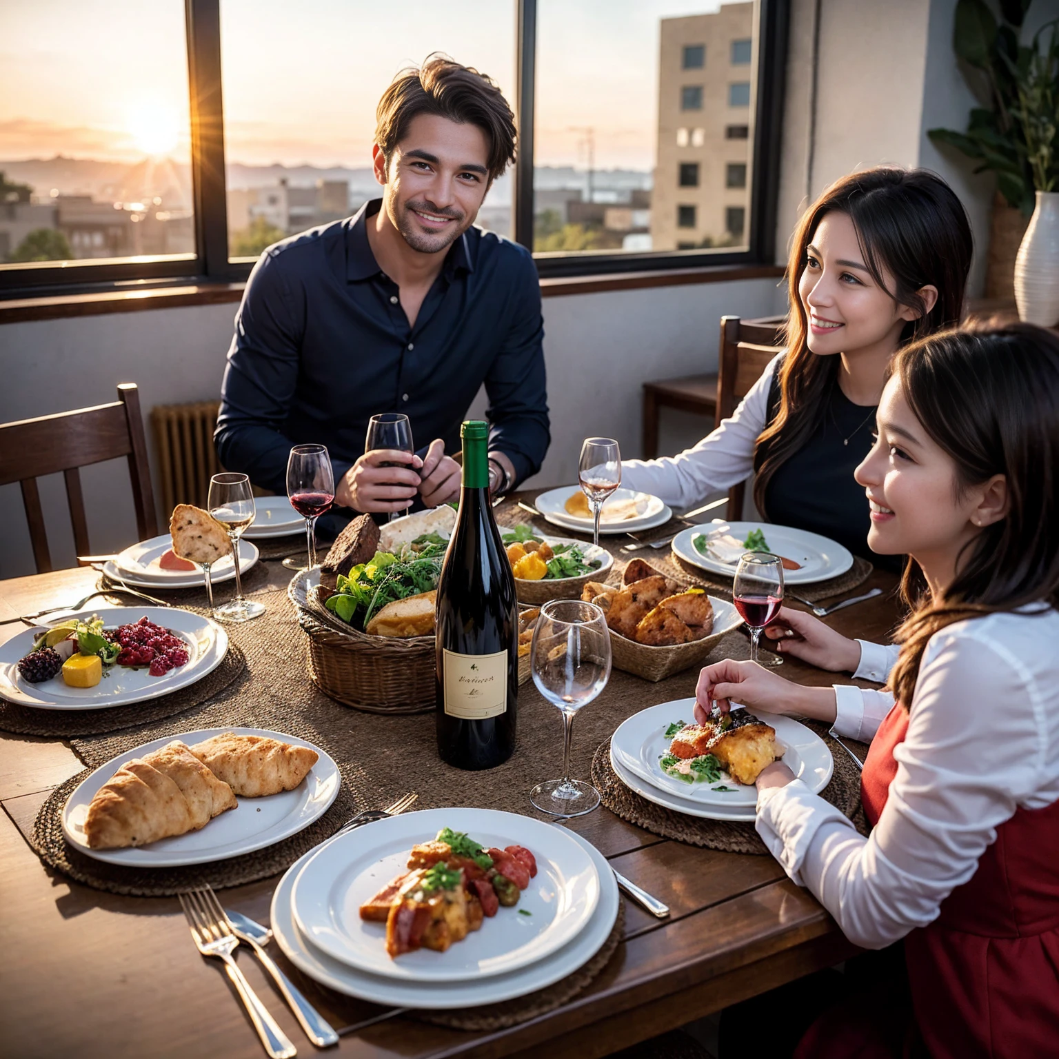 ((Highest quality、8K、masterpiece:1.3))、 (Ultra-realistic、 Genuine、Bright image、Intricate details:1.2), 最高のsmile、1 male、1 female、Beautiful couple、love love love、spouse、spouse、Good friends、actress couple、smile、Full-course dinner at a packed table、 (Slim face), (the body is slim), (Brown Hair), (short hair), テーブルのwine glass、Please shine a light on my face、 Amazing view of the sunset sky and clouds、 39 years old, red wine 、Appetizers、Wine bottle、sparkling wine、Long sleeve shirt、dress、White wine, red wine, wine glass, 