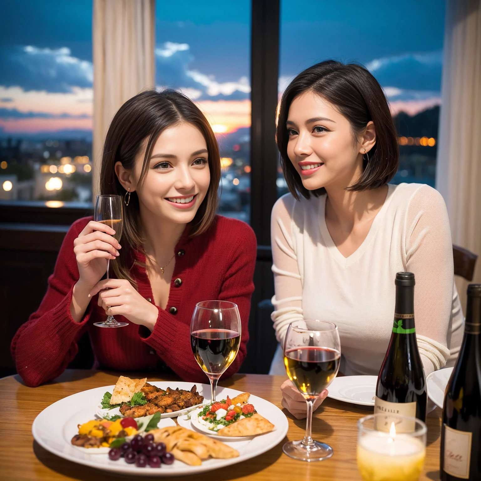 ((Highest quality、8K、masterpiece:1.3))、 (Ultra-realistic、 Genuine、Bright image、Intricate details:1.2), 最高のsmile、1 male、1 female、Beautiful couple、love love love、spouse、spouse、Good friends、actress couple、smile、Full-course dinner at a packed table、 (Slim face), (the body is slim), (Brown Hair), (short hair), テーブルのwine glass、Please shine a light on my face、 Amazing view of the sunset sky and clouds、 39 years old, red wine 、Appetizers、Wine bottle、sparkling wine、Long sleeve shirt、dress、White wine, red wine, wine glass,