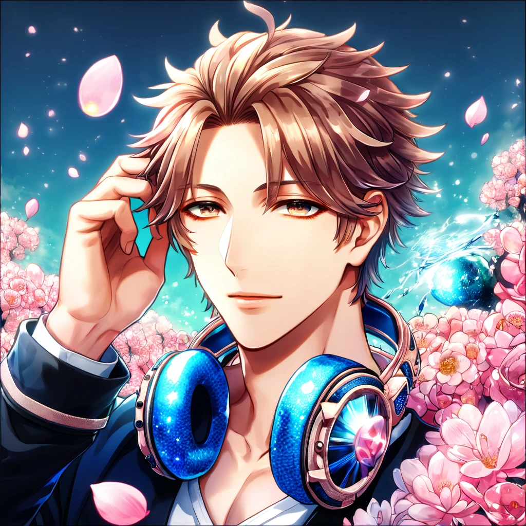 Ultra detailed, highres, absurdres, HDR, master piece, Yata Misaki, spiky, brushed-down chestnut hair, without bangs, expressivee hazel eyes, black beanie on his head, a pair of headphones around his neck, white V-neck shirt with blue lining, K Project, fantasy, pink petals, water, pink flowers, handsome, sexy man, solo, magical, best quality, blossoms, blue shining fireflies