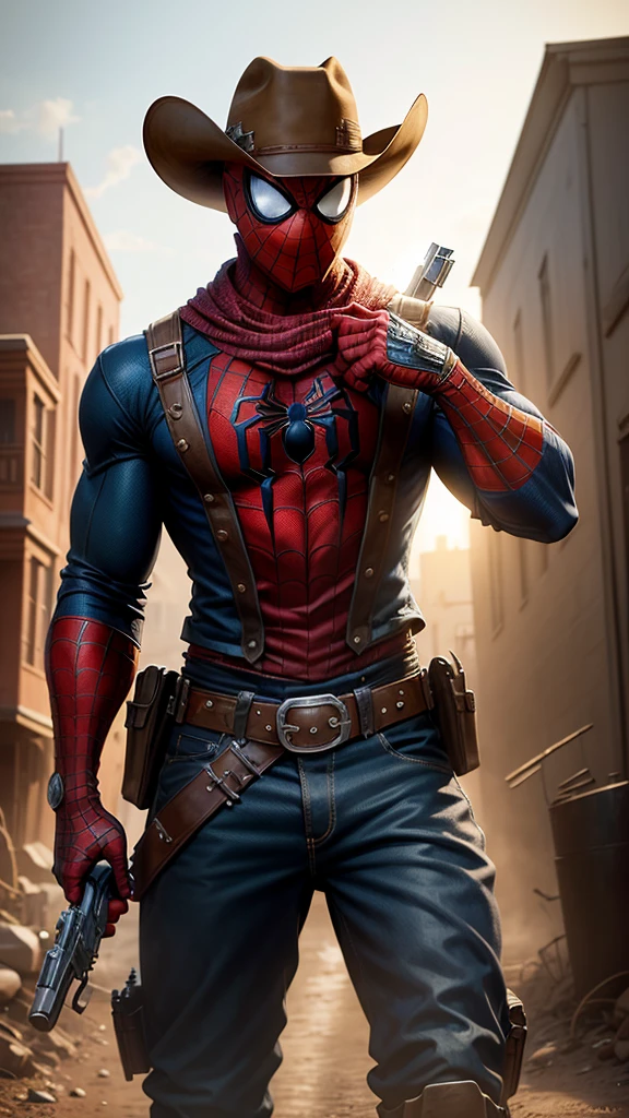 Spider-man in Wild West style, wearing Cowboys lather clothes, mask, Cowboys hat and bring a pistol, in cowboy city, cinematic, extreem realistic, extreem detailed, extreem Sharp, super high resolution image, best quality photo,