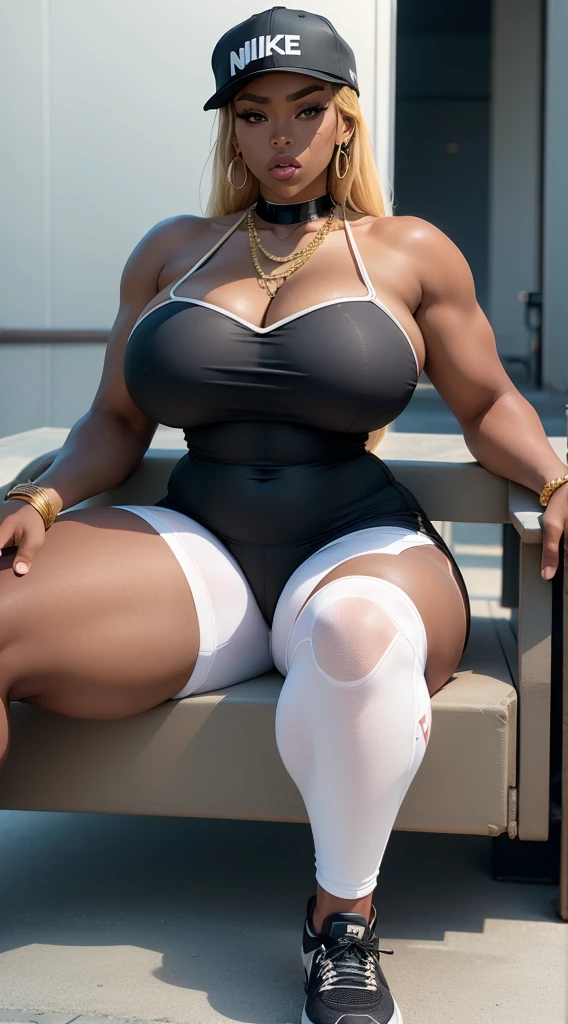 Black women with sexy breasts and big bodies、Athletic sneakers、Wearing a Nike cap、White gold chain around his neck、Sitting with , exposing her crotch 