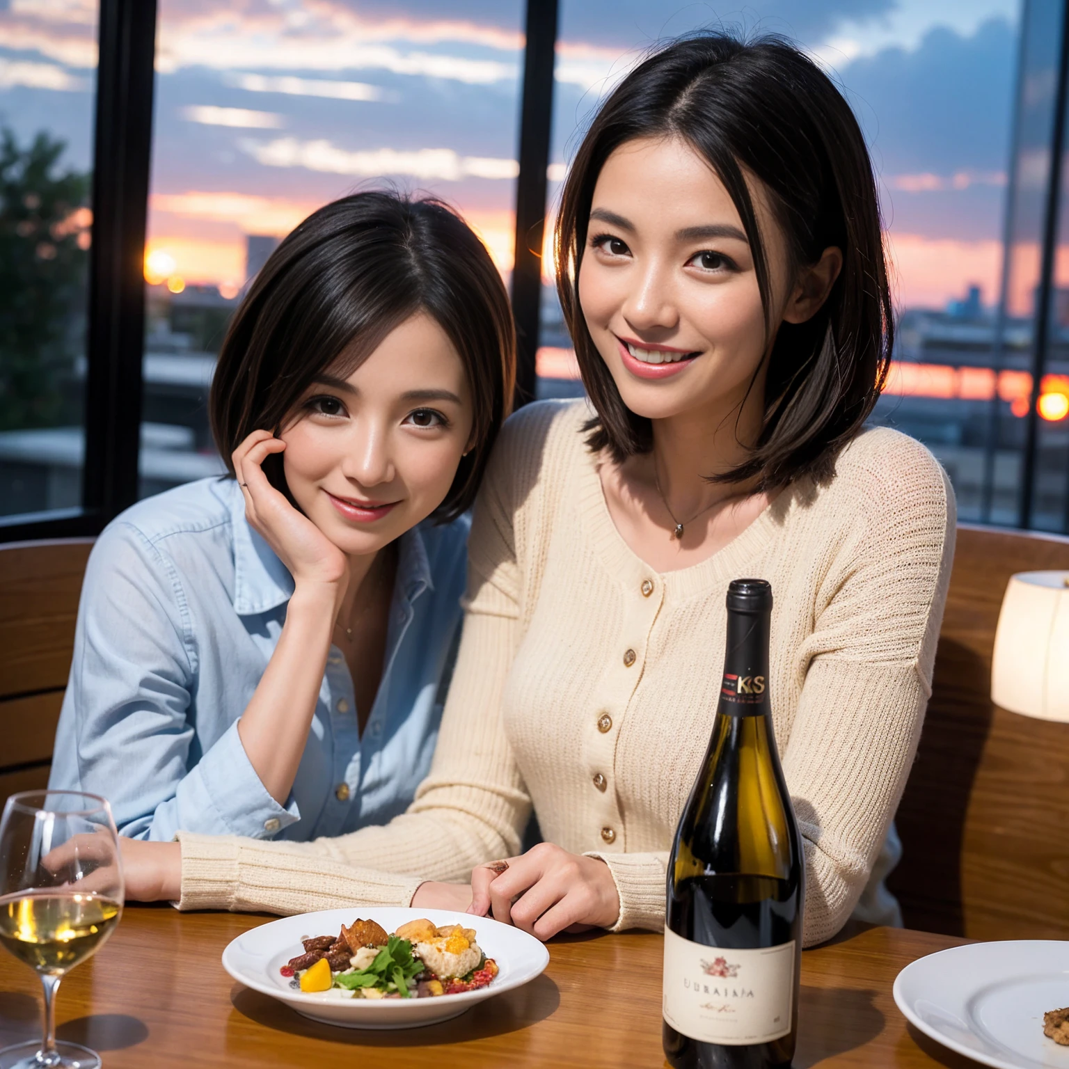 ((Highest quality、8K、masterpiece:1.3))、 (Ultra-realistic、 Genuine、Bright image、Intricate details:1.2), 最高のsmile、1 male 1 female、Beautiful couple、love love love、Lovers in Osaka、Good friends、actress couple、smile、Full-course dinner at a packed table、 (Slim face), (the body is slim), (Brown Hair), (short hair), テーブルのwine glass、Please shine a light on my face、 Amazing view of the sunset sky and clouds、36 years old 39 years old, red wine 、Wine bottle、sparkling wine、Long sleeve shirt、dress、White wine, red wine, wine glass,