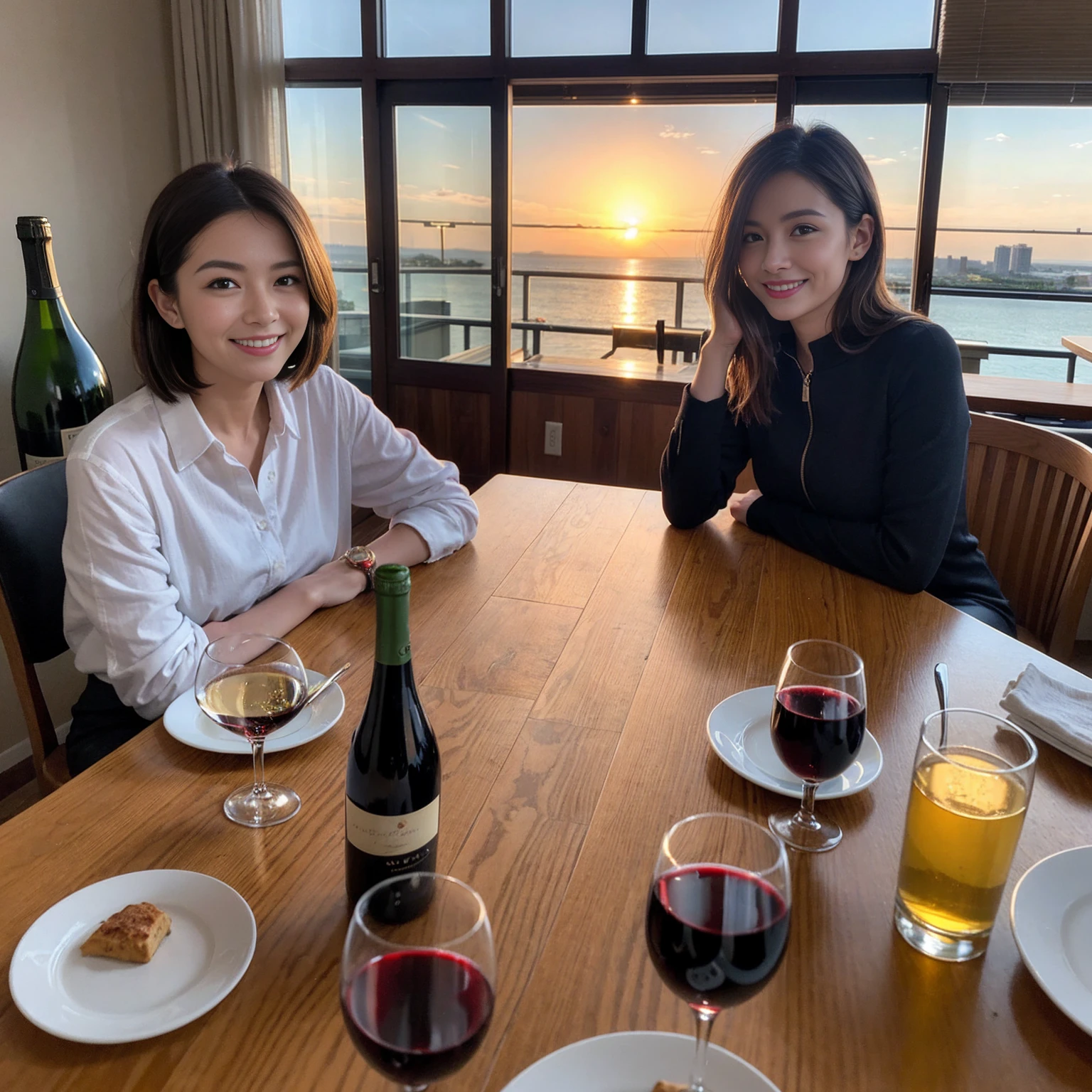 ((Highest quality、8K、masterpiece:1.3))、 (Ultra-realistic、 Genuine、Bright image、Intricate details:1.2), 最高のsmile、1 male 1 female、Beautiful couple、love love love、Lovers in Osaka、Good friends、actress couple、smile、Full-course dinner at a packed table、 (Slim face), (the body is slim), (Brown Hair), (short hair), テーブルのwine glass、Please shine a light on my face、 Amazing view of the sunset sky and clouds、36 years old 39 years old, red wine 、Wine bottle、sparkling wine、Long sleeve shirt、dress、White wine, red wine, wine glass,