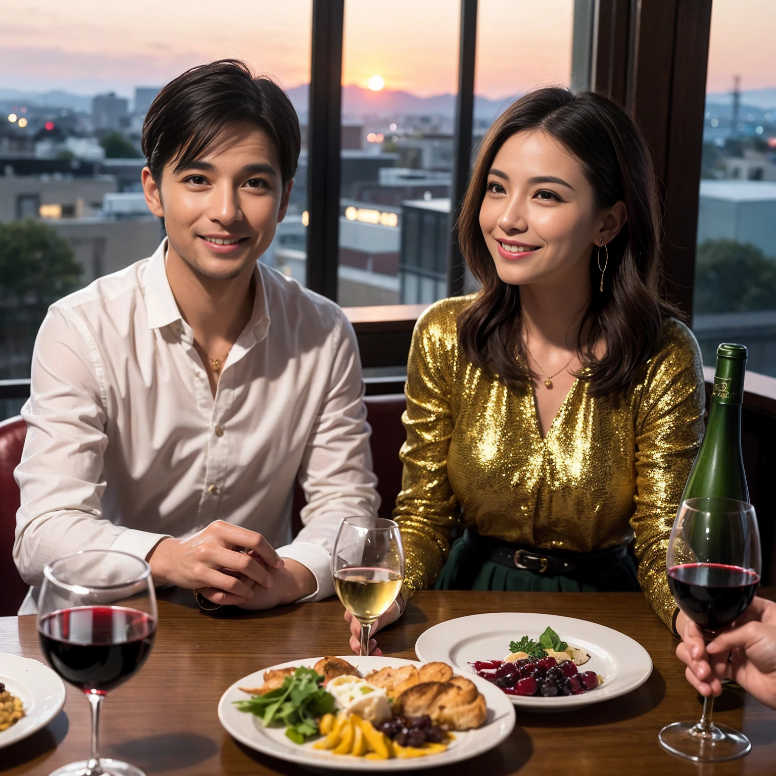 ((Highest quality、8K、masterpiece:1.3))、 (Ultra-realistic、 Genuine、Bright image、Intricate details:1.2), 最高のsmile、1 male 1 female、Beautiful couple、love love love、Lovers in Osaka、Good friends、actress couple、smile、Full-course dinner at a packed table、 (Slim face), (the body is slim), (Brown Hair), (short hair), テーブルのwine glass、Please shine a light on my face、 Amazing view of the sunset sky and clouds、36 years old 39 years old, red wine 、Wine bottle、sparkling wine、Long sleeve shirt、dress、White wine, red wine, wine glass,
