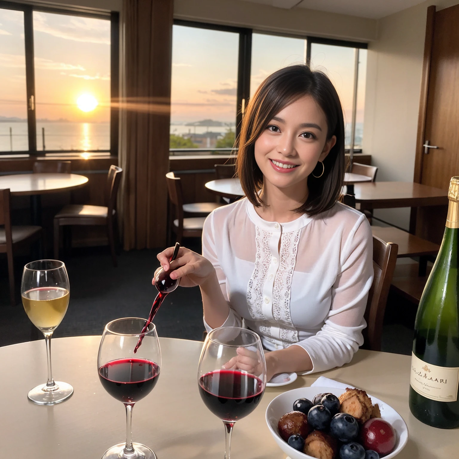 ((Highest quality、8K、masterpiece:1.3))、 (Ultra-realistic、 Genuine、Bright image、Intricate details:1.2), 最高のsmile、1 male 1 female、Beautiful couple、love love love、Lovers in Osaka、Good friends、actress couple、smile、Full-course dinner at a packed table、 (Slim face), (the body is slim), (Brown Hair), (short hair), テーブルのwine glass、Please shine a light on my face、 Amazing view of the sunset sky and clouds、36 years old 39 years old, red wine 、Wine bottle、sparkling wine、Long sleeve shirt、dress、White wine, red wine, wine glass,