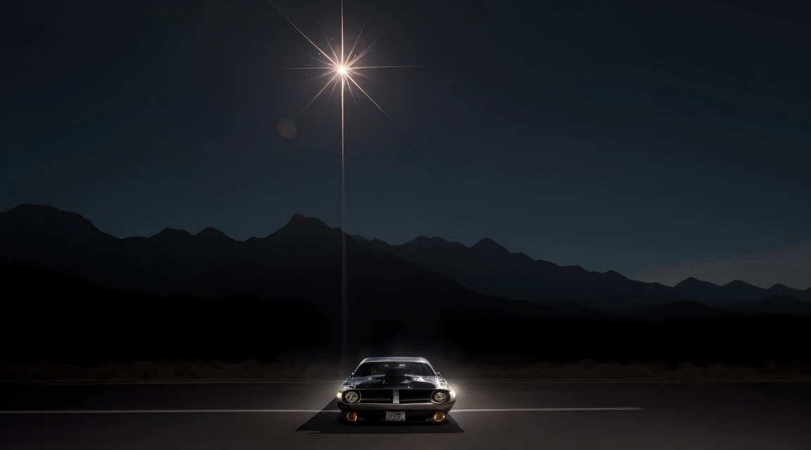 gleaming, exhibition-quality Dodge Challenger catches the light, its chrome sparkling. Behind it, the iconic arizona desert, scorching desert, long highway, 70s car, Dramatic and dynamic composition, realistic skin textures, ighly detailed, 8k wallpaper, real looking skin,a picture,Live action,